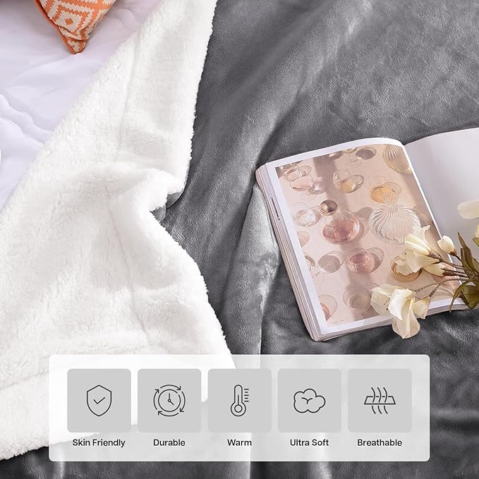 MOONLIGHT20015 Sherpa Blankets Queen Size - (Grey, 90X90 Inches) Fuzzy, Soft and Wool/Fleece Blanket for Bed, Fluffy Blankets for Winter, Camping and Travel