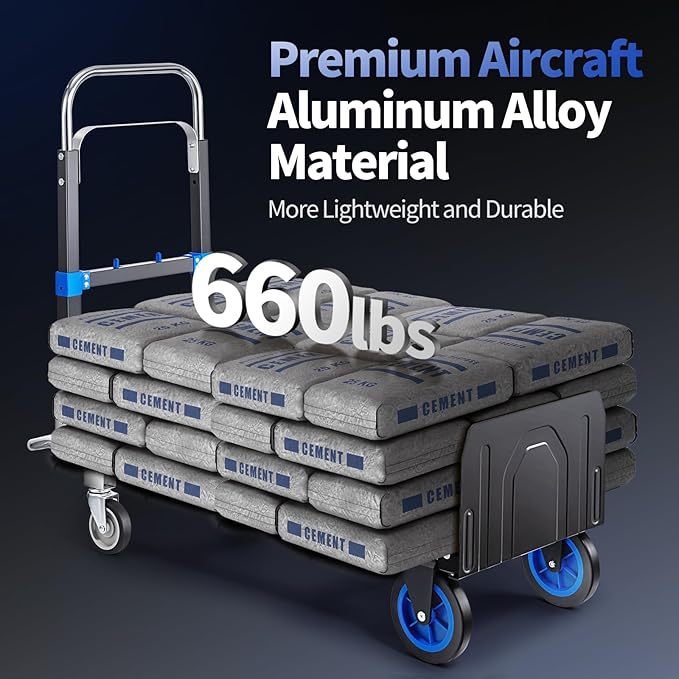 Pro 3 in 1 Aluminium Hand Truck 660lbs Capacity, Heavy Duty Convertible Hand Truck Dolly W/ 4 Rubber Wheels, Foldable Dolly Cart Collapsible Trolley for Warehouse Home Moving