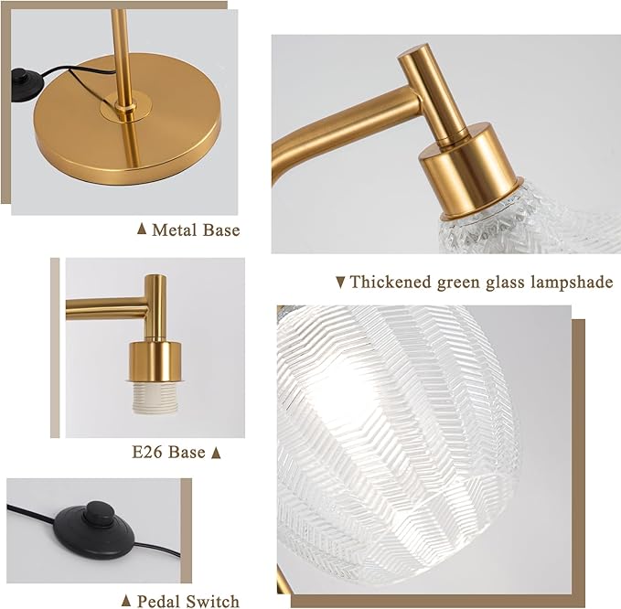 JERANDO Gold Floor Lamp for Living Room, Modern Standing Lamp with Remote, Dimmable Clear Glass Tall Lamp, Mid Century Vintage Floor Lamps for Bedroom, Study Room (Clear)
