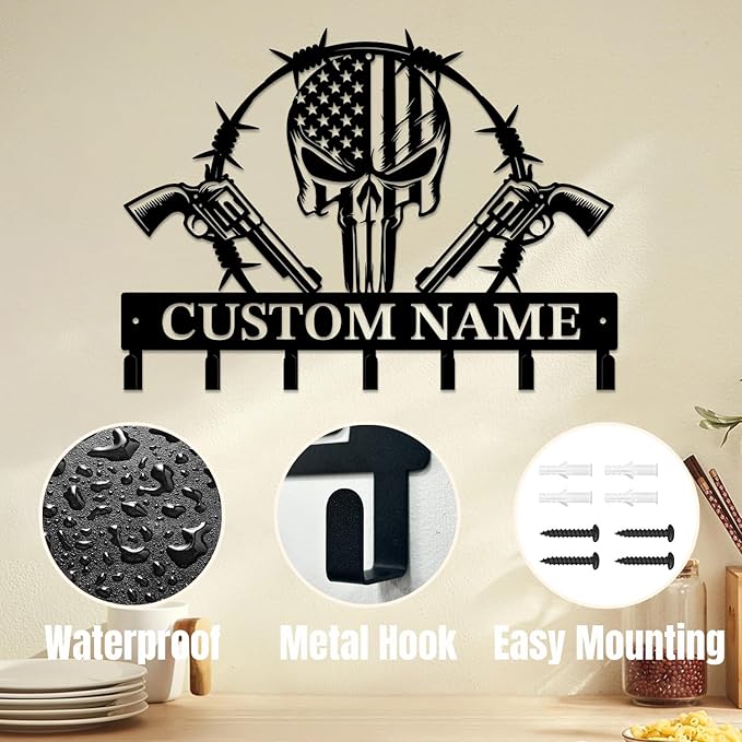 Personalized Custom Name Gun Wall Hooks,Metal Gun Room Art Clothes Hooks,Metal Gun Wall Home Storage Decorative,For Front Door, Hallway, Kitchen, Bedroom,Keys,Hats (Style M)