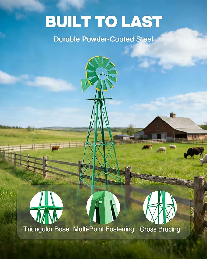 8FT Windmill for Yard Garden Decoration with Weather Vanes，Heavy Duty Outdoor Wind Mills, Large Metal Outdoor Windmill, Weather Resistant,Green