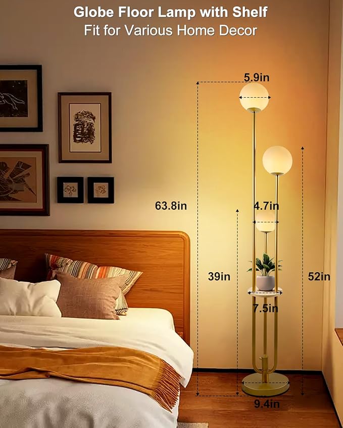 Lightdot 63IN Dimmable Gold Floor Lamp with Shelf Mid Century Standing Lamps with 3000K Warm Bulbs with Candle Holder Style Modern Globe Floor Lamp for Living Room/Party