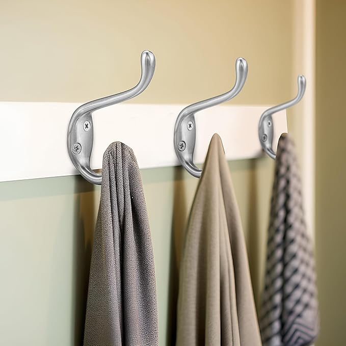 Coat Hooks 10 Pack - Heavy Duty Wall Mounted Brushed Nickel Double Hooks for Hanging Clothes/Towels - Sturdiness Design with Better Mounting System
