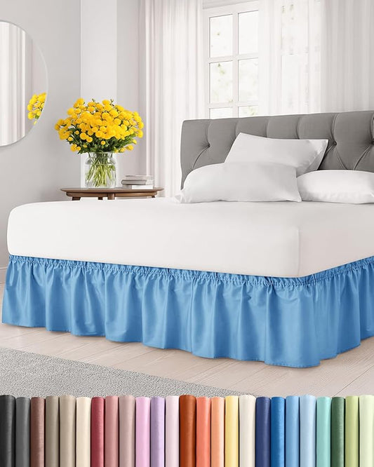 Wrap Around Dust Ruffle Bed Skirt - Denim Blue - for Queen Size Beds with 12 Inch Drop - Elastic Strap - Adjustable Pleated Bedskirt with Brushed Fabric and Wrinkle Free - For Women, Men, Kids & Teens