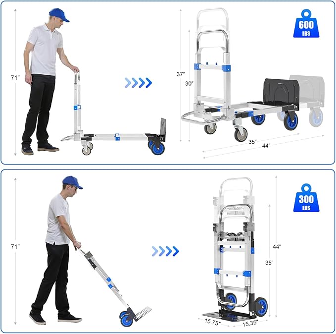 3 in 1 Aluminum Folding Hand Truck Dolly Cart with Wheels 600 Lbs Capacity Collapsible Heavy Duty Convertible Trolley with Retractable Handle for Moving Home Warehouse Office Camping (Blue)