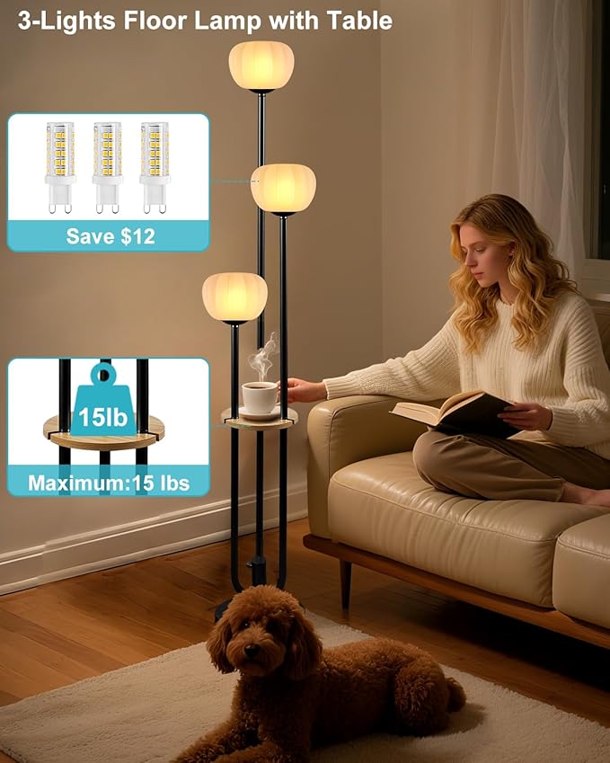 ACOHOOK Black Floor Lamp Dimmable Modern Floor Lamps with Pumpkin Lampshade & Table, 3000K Soft Warm White Bulbs Included, 3-Light Tall Standing Lamp for Living Room/Bedroom