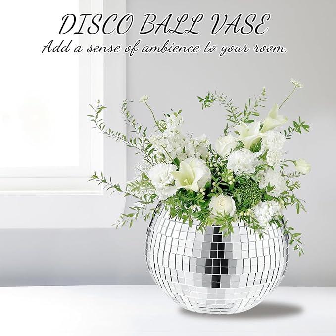2 Pcs Disco Ball Vase,4.4 x 6 Inch Mirrored Disco Ball Planter,Disco Ball Candle Holders Perfect Disco Decorative Planters for Living Room Bedroom Dining Table Wedding Party Birthday