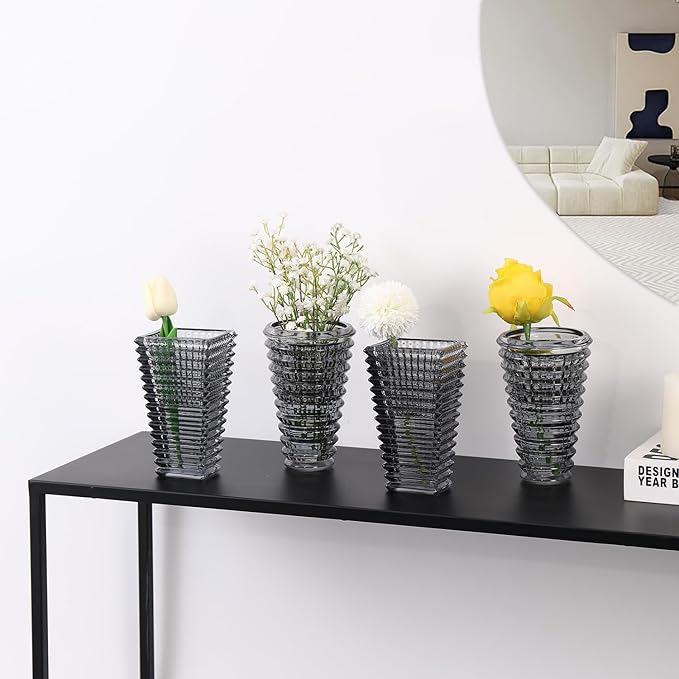 MCMCNCUIU Crystal Flower Vase Set of 4, Glass Vases for Centerpieces, Black Vases for Flowers, Small Vase for Living Room, Bedroom, Kitchen, Office, Wedding