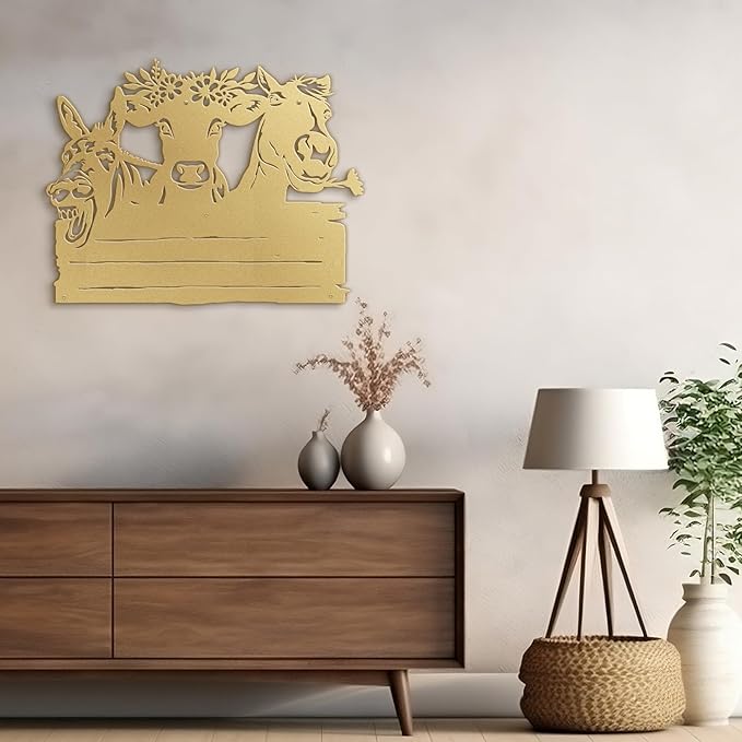 SIGNLEADER Metal Wall Art Decor Cute Cow and Horse Minimalist Modern Abstract Wall Sculpture Hangings Home Decoration for Living Room, Bedroom, Bathroom, Kitchen, Outdoor - 18" Gold