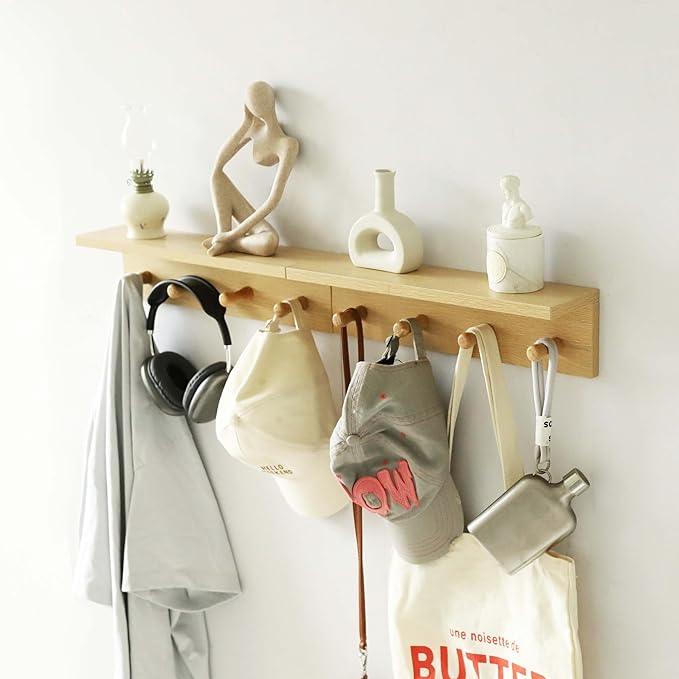 Entryway Coat Rack Hooks with Shelf, Sturdy Wooden Floating WallOrganizer Shelf with 4 Hooks siutable for Entrance, Mudroom, Kitchen, Bathroom,.etc(2pc-Oak Finish)
