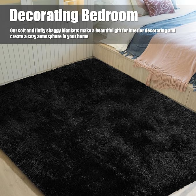 Shag Area Rug for Bedroom 3x5,Black Fluffy Area Rugs for Living Room,Soft Fuzzy Rug Non-Shedding Indoor Plush Carpet for Kids Bedroom Nursery Dorm Home Decor