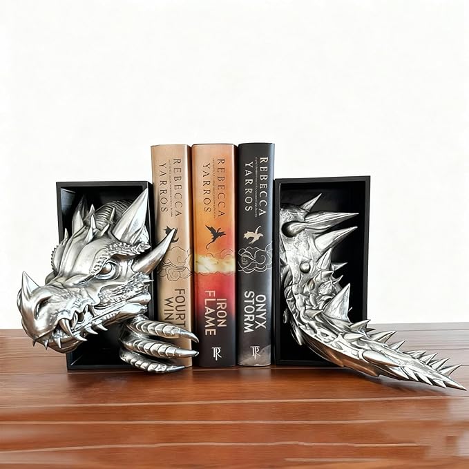 Dragon Bookshelf Decor Gothic Fantasy Bookends Black Animal Statues for Shelves Book Lovers Gifts Unique Resin Shelf Holder Set (10"*6.1"*4.9") Home Office Decorative (Antique Silver)