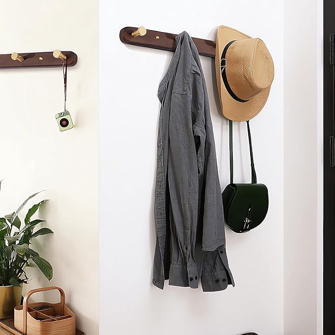 Wall Mounted Coat Rack, Entryway Hanging Rack, Metal Wood Coat Rail with 4 Rustic Hooks for Scarf, Bag, Towel, Key, Cup, Hat - Walnut Gold Matt