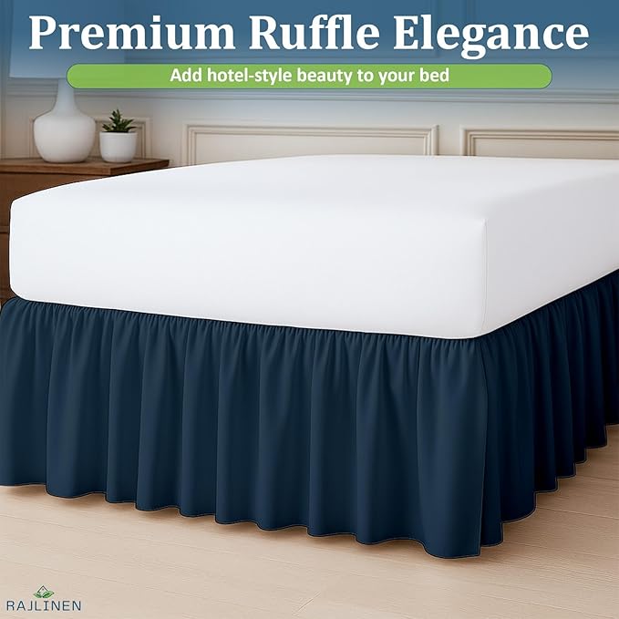 Rajlinen Ruffled Bed Skirt Twin, 12 Inch Drop Dust Ruffle with Split Corners, 100% Microfiber Bedskirt with Platform, Three-Sided Coverage Ruffled Gathering Design, Navy Blue
