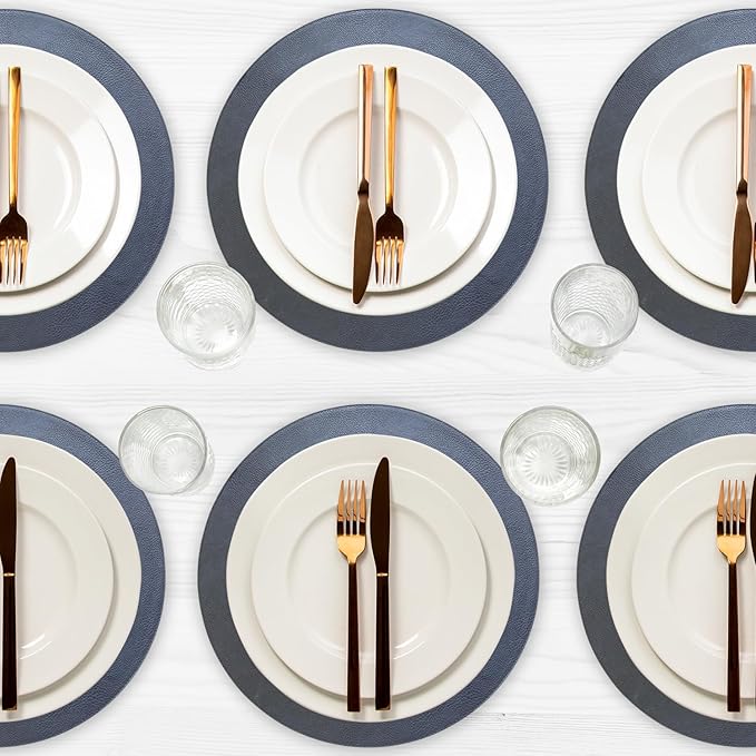 Placemats Set of 6 – Round 15” Faux Leather Table Mats for Dining, Heat Resistant & Non-Slip Washable Table Decor, Indoor, Outdoor, Dining Table Set for 6, Modern Kitchen & Holiday Use, Navy