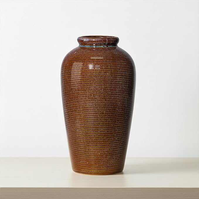 Rustic Farmhouse Ceramic Vase - 11 Inch Large Brown Pottery Vases Home Decor, Glazed Textured Decorative Vase for Pampas Grass, Console, Entryway Table Decor, Mantle, Kitchen Centerpieces
