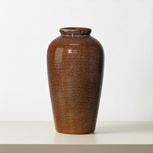 Rustic Farmhouse Ceramic Vase - 11 Inch Large Brown Pottery Vases Home Decor, Glazed Textured Decorative Vase for Pampas Grass, Console, Entryway Table Decor, Mantle, Kitchen Centerpieces
