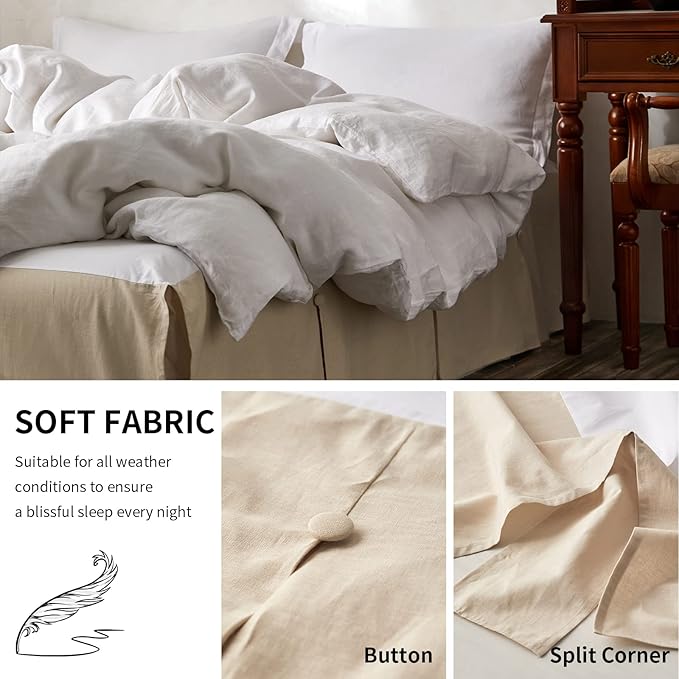 BISELINA French Linen Bed Skirt Split Corner with Button 14-Inch Tailored Drop Natural Flax Cotton Blend Basic Dust Ruffle Soft Cozy (14" Queen,Button Linen)