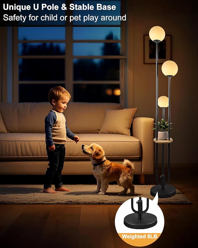 ACOHOOK 63IN Dimmable Floor Lamp with Shelf, Unique Globe Black Tall Standing Lamps Candle Holder Style, 3000K Warmwhite Mid Century Modern Floor Lamp for Living Room Home Office(Bulbs Included)