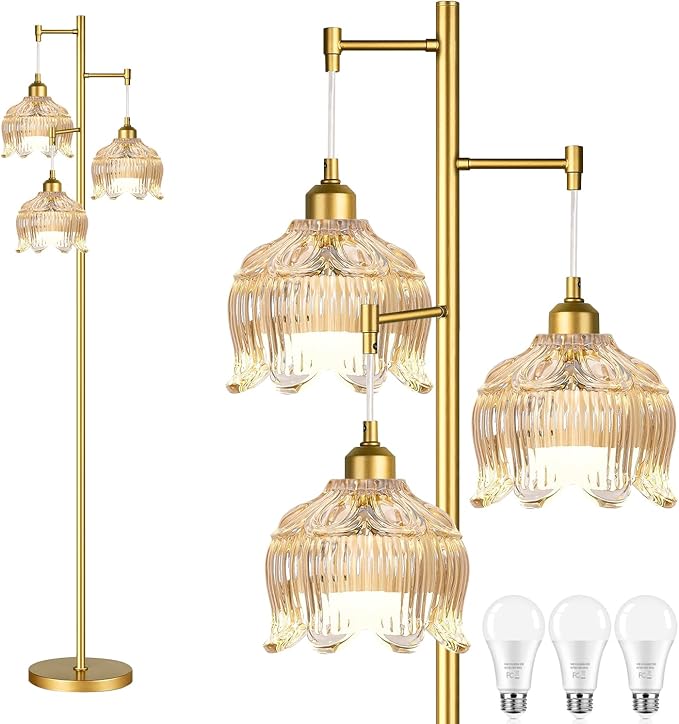 ZECOXOL Gold Floor Lamps for Living Room Bedroom-3 Light Glass Floor Lamp with Three Led Bulb,Mid Century Standing Lamp Vintage Brass Tall Lamp Tree Floor Lamp for Bedroom Corner