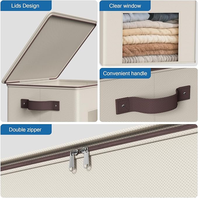 Zilink Fabric Storage Bins with Lid 4-Pack Stackable Cloth Storage Bins Sweater Organizer with Zipper & Clear Window Closet Organizers and Storage Box for Home, Office, Bedroom (Beige,17" x 12" x 12")