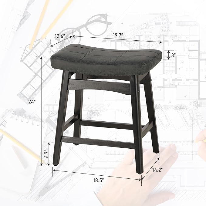 Sophia & William Black Bar Stool for Kitchen Island,24" Counter Height Bar Stools with Wooden Legs, Abrasive Leather Saddle Seat Bar Stool,1PC