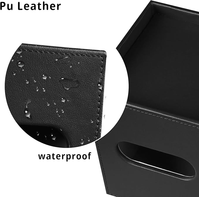PU Leather Tissue Box Cover Square,Tissue Box Holder Organizer with Storage Tray and Remote Control Holder for Bathroom Countertop Night Stands Bedroom Office Desk,Napkin Caddy Decorative Black