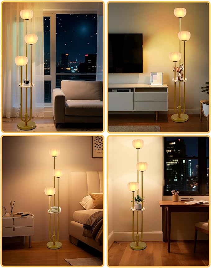 Lightdot Gold Floor Lamp with Table, Modern Dimmable Floor Lamps with Pumpkin Lampshade, 3000K Soft Warm White Bulbs Included, 3-Light Tall Standing Lamp for Living Room/Bedroom