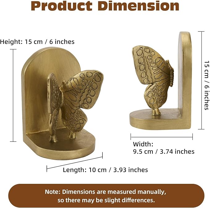 Gold Butterfly Book Ends for Shelves, Butterflies Statue Decorative Bookends for Heavy Books, Resin Book Ends with Non-Slip Felt Base for Home Farmhouse Shelves Office Lover Gift