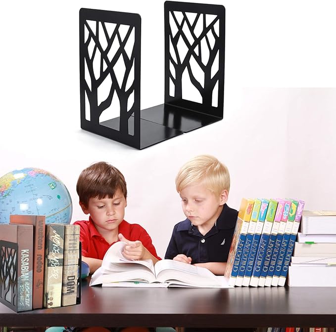 MSDADA Bookends, 6 Pairs Black Metal Book Stoppers for Heavy Books, Office, Home Decor