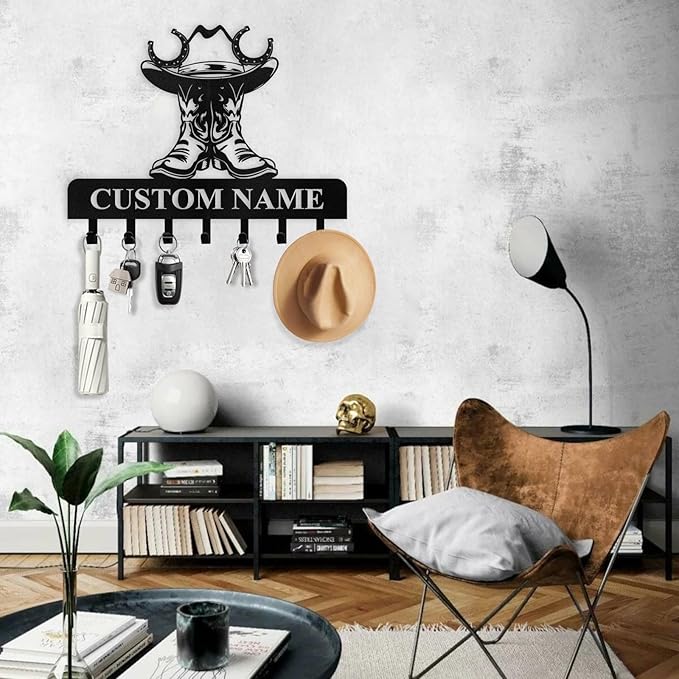 Personalized Cowboy Coat Hooks, Cowboy Boots Key Holder Wall Mount, Clothes Cowboy Hat Rack and Backpack Hanger, Western Wall Decor, Metal Key Rack Organizer for Living Room Bedroom Color06