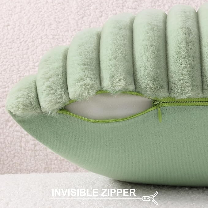 Pallene Faux Fur Plush Throw Pillow Covers 18x18 Set of 2, Luxury Soft Fluffy Striped Decorative Pillow Covers for Sofa, Couch, Living Room, Sage Green