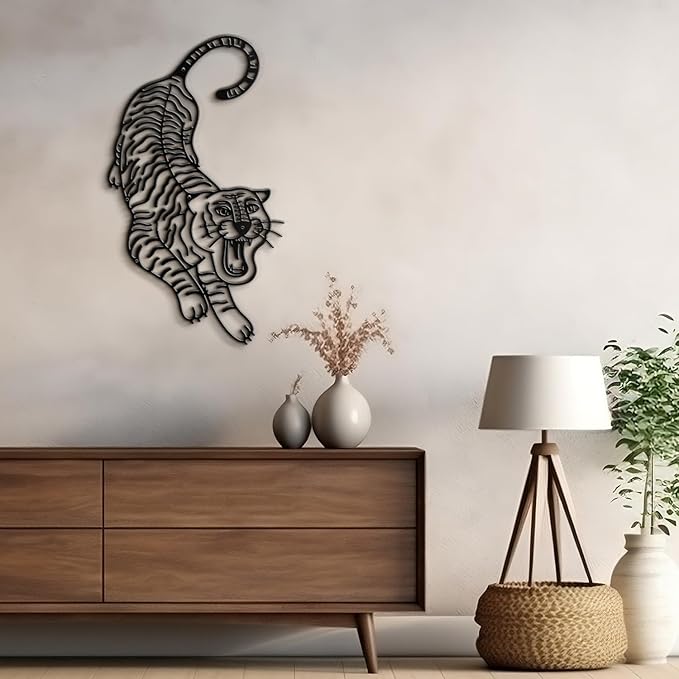 SIGNLEADER Metal Wall Art Decor Tiger Minimalist Modern Abstract Wall Sculpture Hangings Home Decoration for Living Room, Bedroom, Bathroom, Kitchen, Outdoor - 18" Black