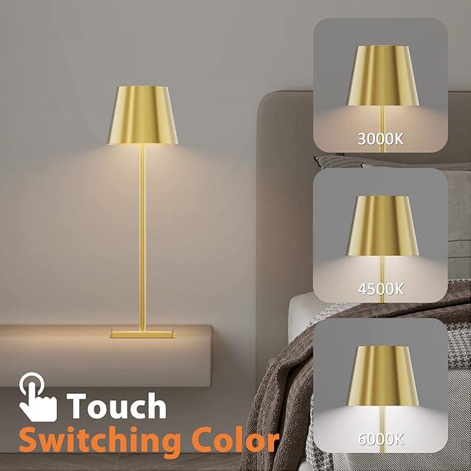 2 Pack Gold Cordless Table Lamp, 5500mAh Battery Powered Table Light Brass, 3 Color Temperatures Stepless Dimmable Rechargeable Table Lamps for Outdoor Restaurant Bedroom 2 Pack
