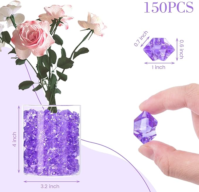 DomeStar Purple Fake Ice Rocks, 150PCS Acrylic Gems Crystals Plastic Gems Diamonds Centerpiece for Vase Fillers Wedding Party Table Scatter Valentine's Day Decorations