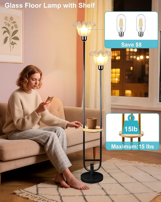 ACOHOOK Dimmable Flower Floor Lamps with Table, 2-Lights Floral Floor Lamp, 3000K Warmwhite Candle Holder Style Modern Floor Lamp, Rustic Black Standing Lamp for Living Room Bedroom