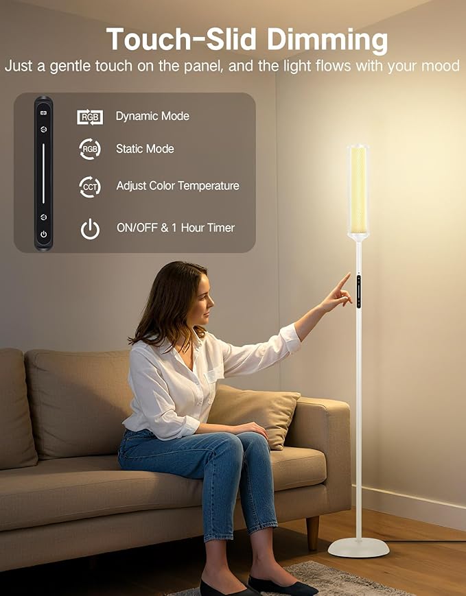OUTON LED Floor Lamp with Remote & APP Control, Tall Standing Lamp, 16 Million Colors, 32 Scene Modes & Music Sync, Modern Corner Lamps for Living Room, Bedroom, Gaming, White & Metal Lampshade