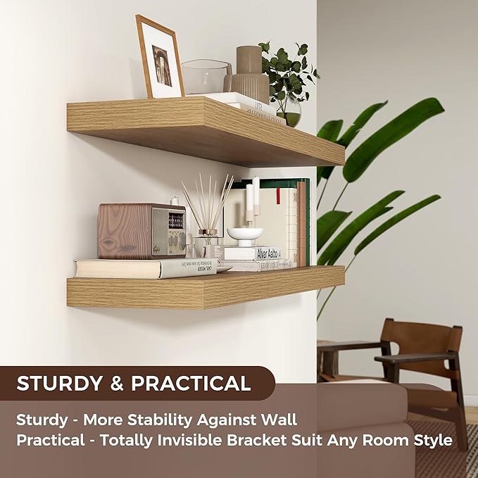 Floating Shelves for Wall, Engineered Wood Wall Shelves with Invisible Brackets for Living Room Bedroom Bathroom Office Kitchen Decor and Storage (Oak, 48" W x 9" D x 1.5" H) Set of 2