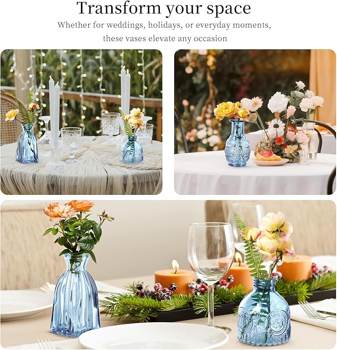 Glass Bud Vases Set of 32 - Blue Assorted Small Mini Glass Vases for Flowers, Crystal Vintage Vase Set, Bulk Centerpieces for Table Décor, Wedding, Home and Events (Blue, 32 Pcs)