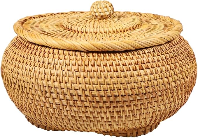 Handwoven Rattan Storage Basket with Lid – Picnic Bread Fruit Snack Multi-Purpose Organizer Bin for Kitchen, Pantry, Living Room, Home Décor