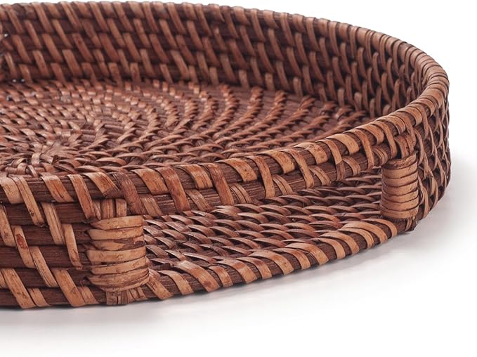 11 inch Rattan Tray, Round Wicker Tray with Cut-Out Handles, Woven Serving Tray for Dining / Coffee Table