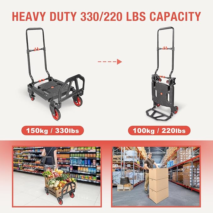 2-in-1 Hand Truck Dolly Foldable,330LB Folding Hand Truck Heavy Duty Carrying, Combination of 4 Wheels and 2 Wheels Convertible Dolly Cart with Retractable Handle cart for Moving Office Carts
