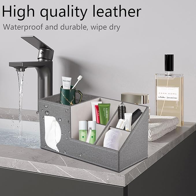 Plus Size Tissue Box Cover-Square Linen Tissue Cover with Side Storage and Tray,Modern Makeup Organizer,Leather Tissue Holder Decorative Cube Organizer for Living Room Vanity NightStand Office,Grey