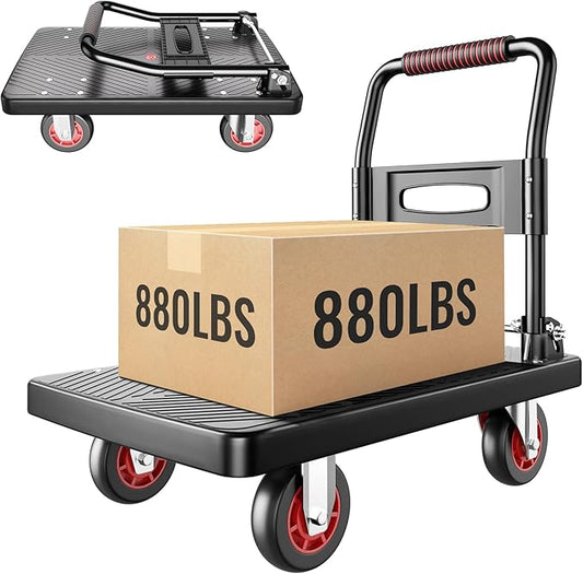 Upgraded Foldable Push Cart Dolly | 880 lbs. Capacity Moving Platform Hand Truck | Heavy Duty Space Saving Collapsible | 5‘’ TPR 360-Degree Silent Wheels | 2 Swivel Wheels and 2 Rigid Wheels
