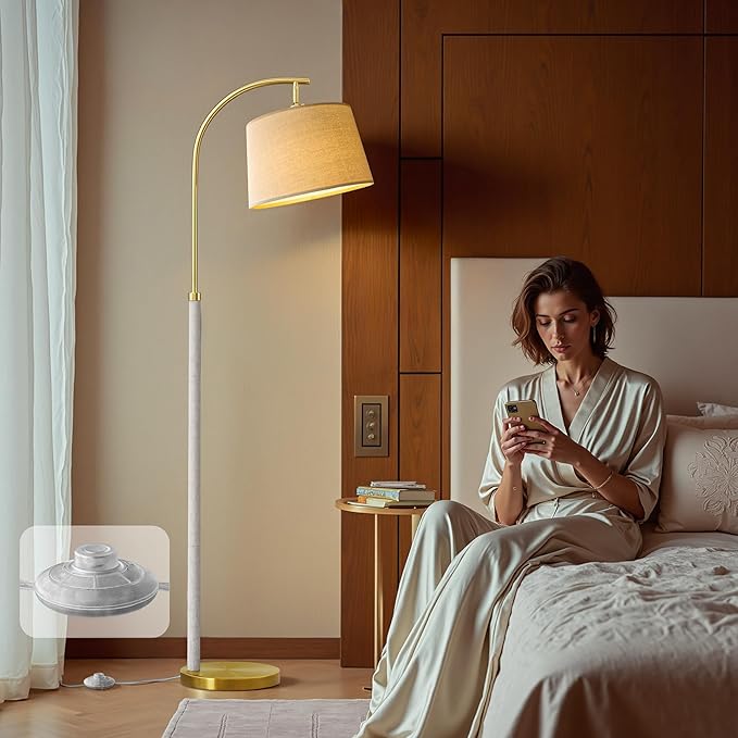 G-SAFAVA 63" Wood Floor Lamp for Living Room Dimmable Standing Lamp with Remote & Foot Switch, 3 Color Temperatures Tall Lamp Mid Century Modern Floor Lamp for Bedroom Office, 9W Bulb Included, White