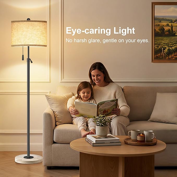 FUNNYBEHOM Floor Lamp for Living Room - Adjustable Height Standing Lamp with Marble Base & Linen Shade - Tall Pole Floor Light with 3 Color Temperatures Bulb for Bedroom, Reading - Easy Assembly
