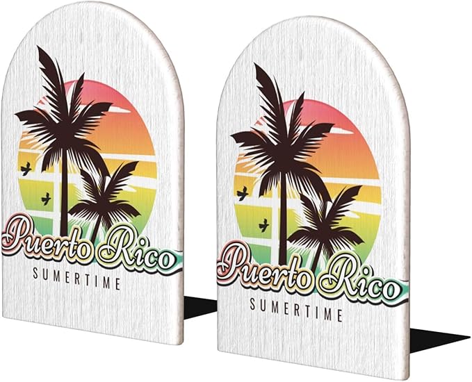 Puerto Rico Summer Wood Bookends Stands Decorative Non-Slip Book Organizers for Home Office Desk Library School Study 1 Pair