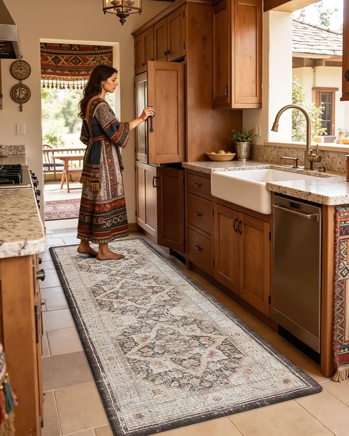 DEXI Kitchen Floor Mats Anti Fatigue, 17x59 Cushioned Vintage Runner Rug Waterproof, Standing Comfort Memory Foam Padded for Front Sink Laundry Office, Beige and Brown