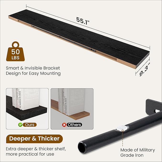 Fun Memories 55 Inch Fireplace Mantel Shelf, 9.3" Deep Floating Shelves for Wall, Long Wall Mounted Farmhouse Display Shelves with Invisible Heavy Duty Metal Bracket, Black, 2 Pack