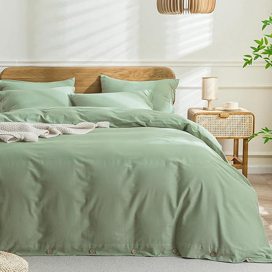 JELLYMONI Cotton Duvet Cover King Size - Light Green Comforter Cover with Button 100% Washed Cotton 3PCS Breathable Soft Solid Bedding Set Duvet Cover 104×90in & 2 Pillowcases (NO Comforter)
